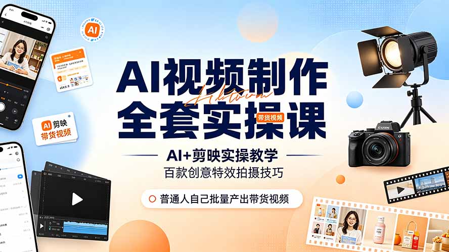 AI视频制作全套实操课，多款AI工具搭配剪映教学，百种特效运镜拍摄实操，抖音账号带货运营全覆盖-创业信息网