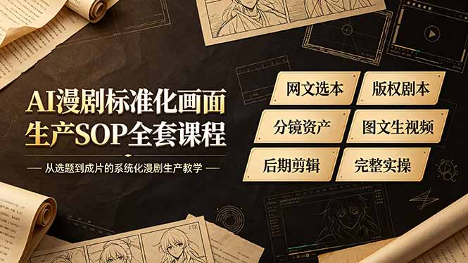AI漫剧标准化画面生产SOP全套课程,网文选本版权剧本分镜资产全覆盖,图文生视频后期剪辑完整实操教学
