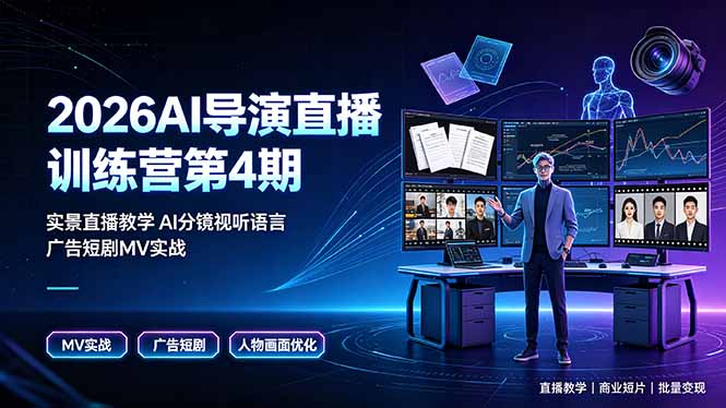 2026AI导演直播训练营第4期,实景直播教学AI分镜视听语言,广告短剧MV实战,解决人物画面崩坏痛点