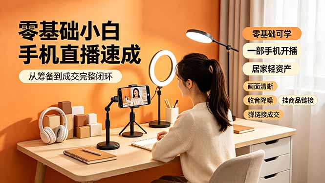 零基础小白手机直播速成,从筹备到成交完整闭环,适配苹果安卓系统,解决杂音卡顿留人难问题