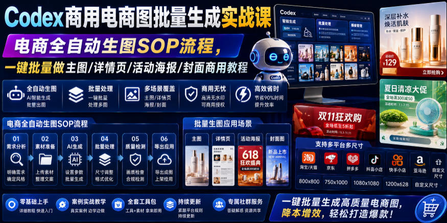 Codex商用电商图批量生成实战课｜电商全自动生图SOP流程，一键批量做主图/详情页/活动海报/封面商用教程-创业信息网