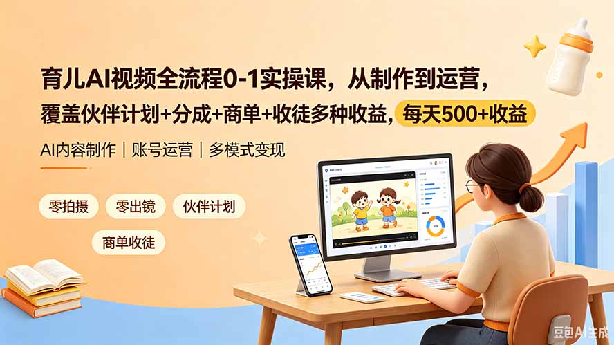 育儿AI视频全流程0-1实操课,从制作到运营,覆盖伙伴计划+分成+商单+收徒多种收益,每天500+收益