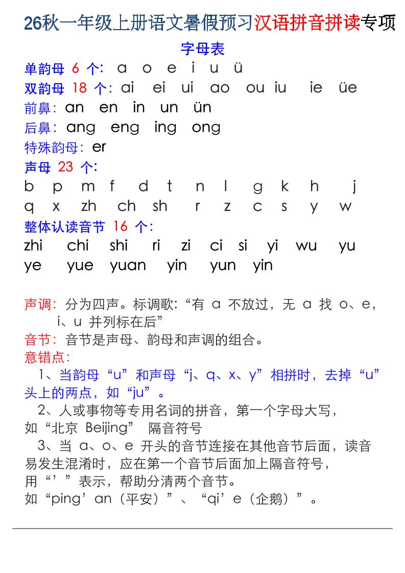 26秋一年级上册语文暑假预习汉语拼音拼读专项-创业信息网