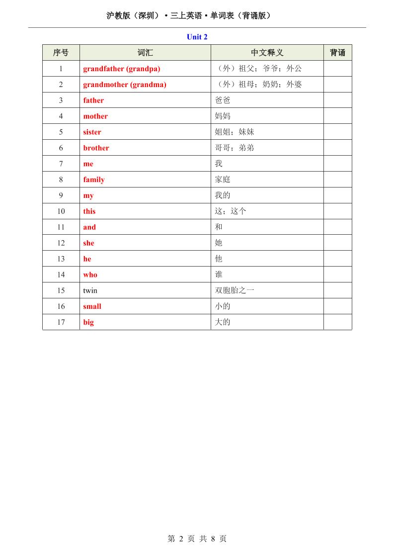 沪教版（深圳）·三上英语·单词表（背诵版）