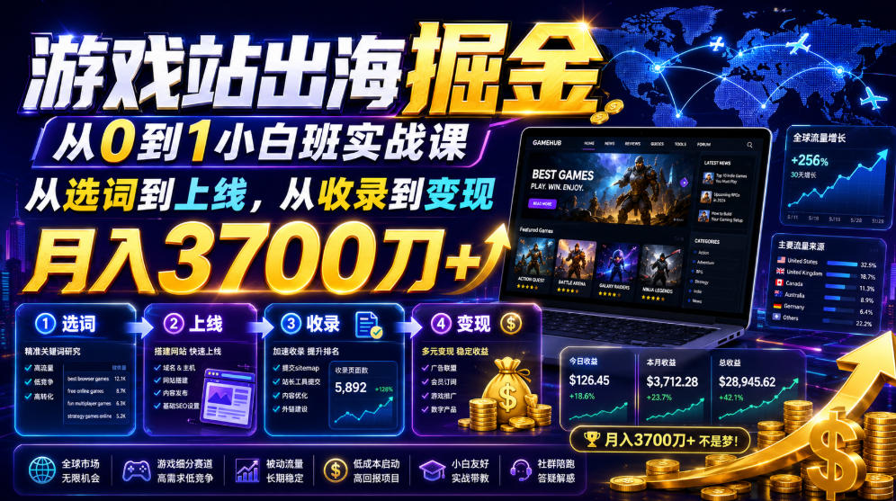 游戏站出海掘金从0到1小白实战课,从选词到上线,从收录到变现,月入3700刀+-创业信息网