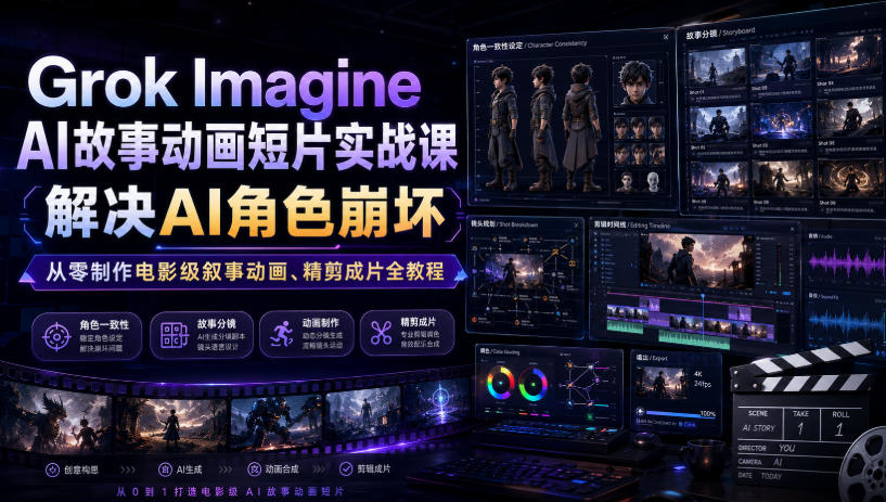 Grok Imagine AI故事动画短片实战课|解决AI角色崩坏,从零制作电影级叙事动画、精剪成片全教程(中英字幕)-创业信息网