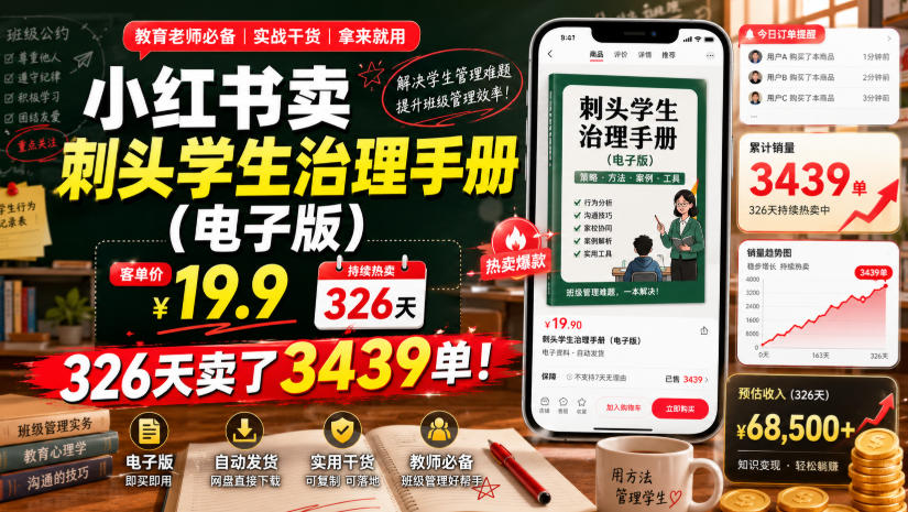 小红书卖刺头学生治理手册(电子版)，客单价19.9，326天卖了3439单！-创业信息网
