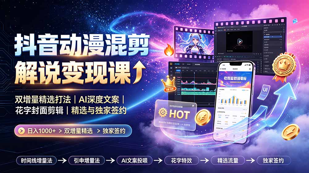 抖音动漫混剪解说变现课:双增量精选打法|AI深度文案|花字封面剪辑| 精选与独家签约日入1000+-创业信息网