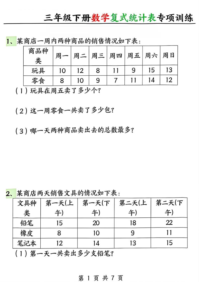 三年级下册数学复式统计表专项训练-创业信息网