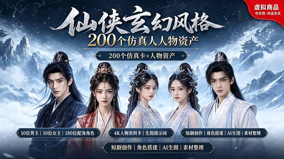 200个仙侠玄幻仿真人素材◆10男主×10女主×180配角，4K资料卡+AI生图提示词，漫剧必备-创业信息网