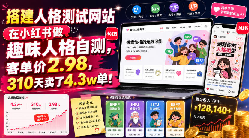 搭建人格测试网站在小红书做趣味人格自测,客单价2.98,310天卖了4.3w单!-创业信息网
