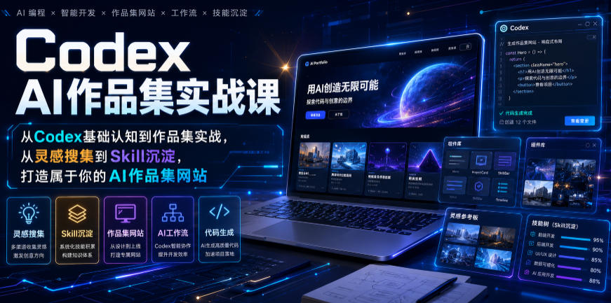 Codex AI作品集实战课,从Codex基础认知到作品集实战,从灵感搜集到Skill沉淀,打造属于你的AI作品集网站-创业信息网