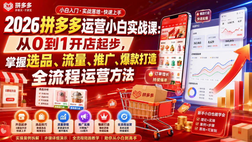 2026拼多多运营小白实战课:从0到1开店起步,掌握选品、流量、推广、爆款打造全流程运营方法-创业信息网