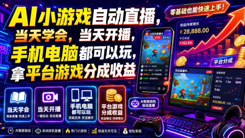 AI小游戏自动直播,当天学会,当天开播,手机电脑都可以玩,拿平台游戏分成收益-创业信息网