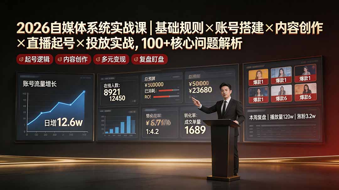 2026自媒体系统实战课|基础规则×账号搭建×内容创作×直播起号×投放实战,100+核心问题解析