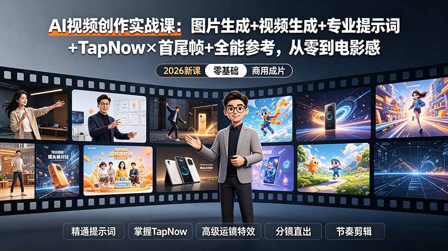 AI视频创作实战课：图片生成+视频生成+专业提示词+TapNow×首尾帧+全能参考，从零到电影感成片-创业信息网