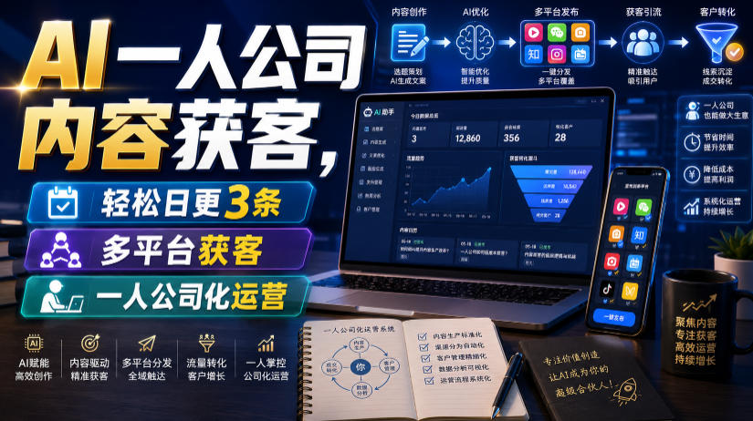 AI一人公司内容获客，轻松日更3条，多平台获客，一人公司化运营-创业信息网