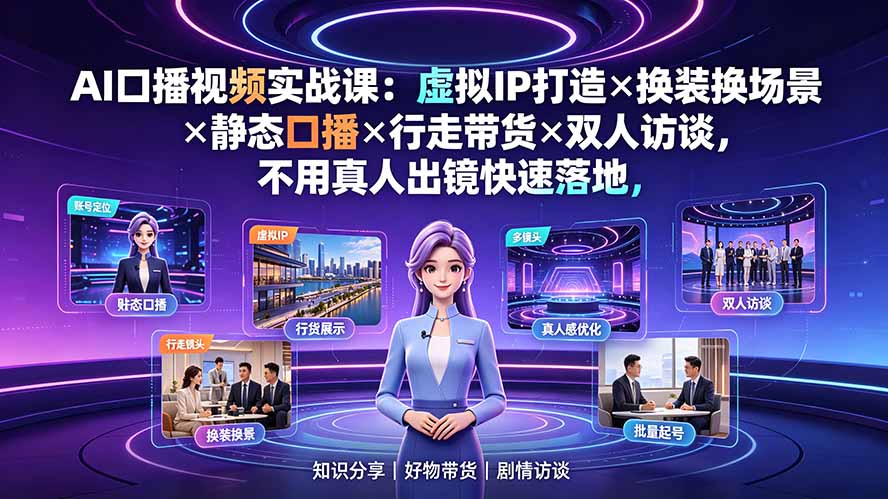 AI口播视频实战课：虚拟IP打造×换装换场景×静态口播×行走带货×双人访谈，不用真人出镜快速落地-创业信息网