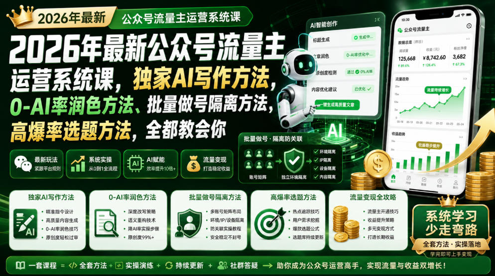 2026年最新公众号流量主运营系统课，独家AI写作方法，0-AI率润色方法、批量做号隔离方法、高爆率选题方法，全都教会你-创业信息网