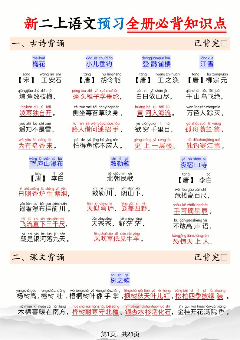 26新二上语文暑假预习全册必背知识点21页-创业信息网