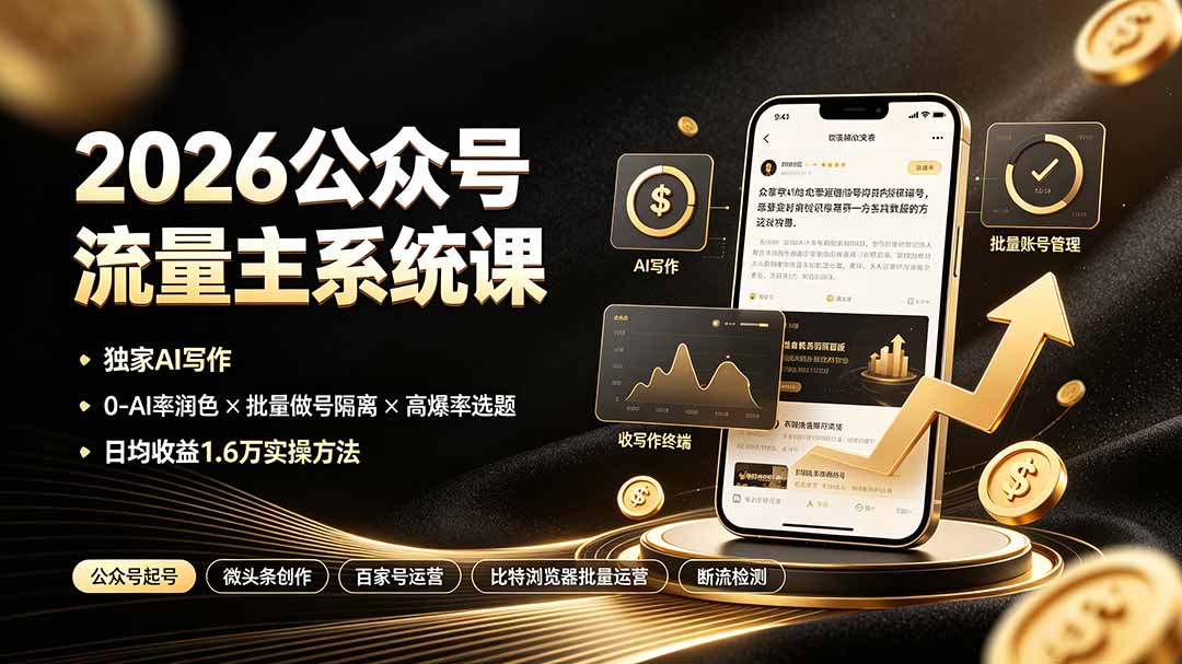 2026公众号流量主系统课:独家AI写作×0-AI率润色×批量做号隔离×高爆率选题,日均收益1.6万实操方法
