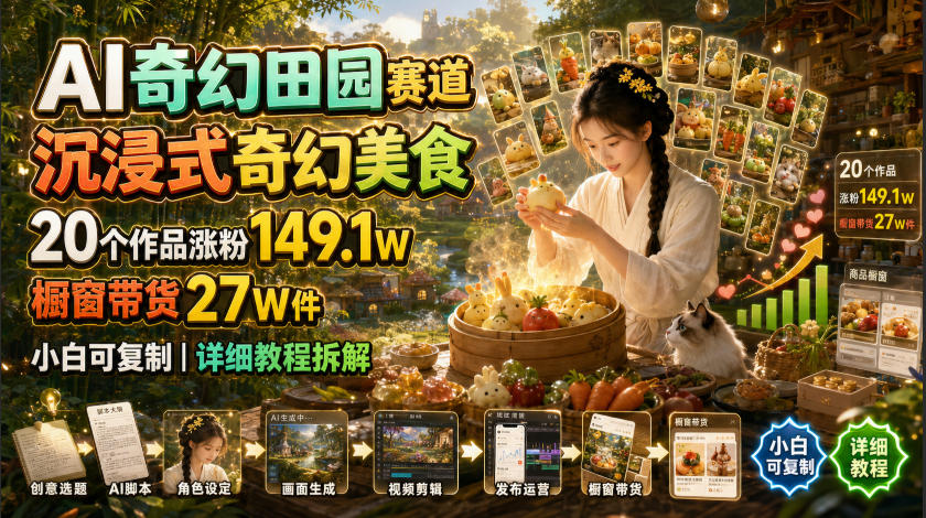 AI奇幻田园赛道，沉浸式奇幻美食，20个作品涨粉149.1W，橱窗带货27W件，小白可复制，详细教程拆解-创业信息网