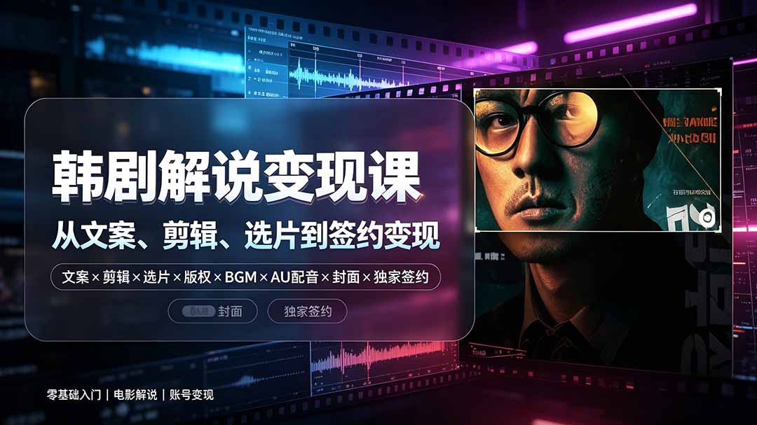 抖音270W粉丝博主亲授韩剧解说课：文案×剪辑×选片×版权×BGM×AU配音×封面×独家签约，零基础到变现-创业信息网