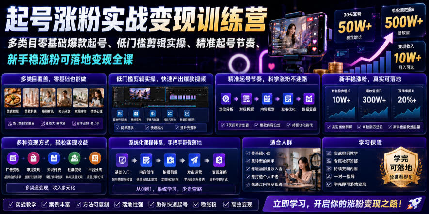 苗子起号涨粉实战变现训练营，多类目零基础爆款起号、精准起号节奏、新手稳涨粉可落地变现全课(更新0719)-创业信息网