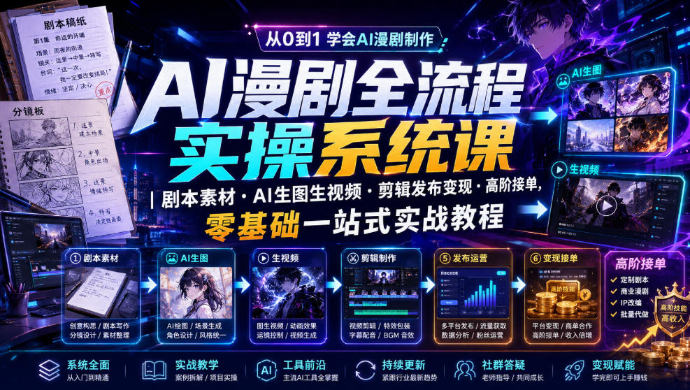 AI漫剧全流程实操系统课｜剧本素材・AI生图生视频・剪辑发布变现・高阶接单，零基础一站式实战教程-创业信息网