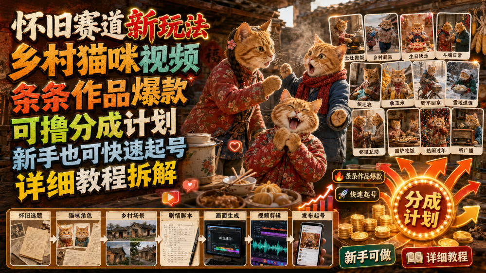 怀旧赛道新玩法，乡村猫咪视频，条条作品爆款，可撸分成计划，新手也可快速起号，详细教程拆解-创业信息网