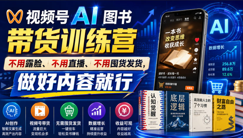 视频号AI图书带货训练营,不用露脸、不用直播、不用囤货发货,做好内容就行,一条爆款视频佣金8942-创业信息网