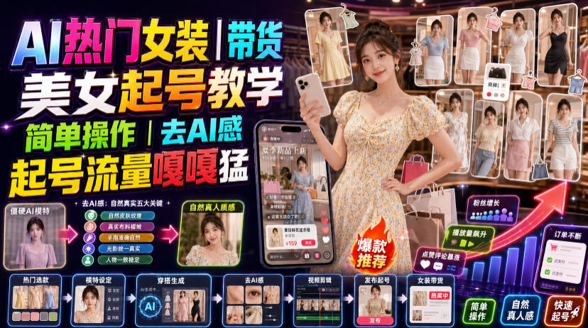 AI热门女装带货丨美女起号教学，简单操作，去AI感，起号流量嘎嘎猛-创业信息网