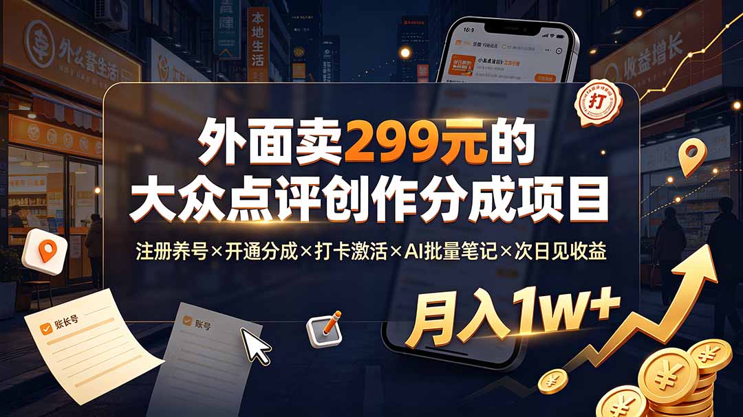 外面卖299元的大众点评创作分成项目:注册养号×开通分成×打卡激活×AI批量笔记×次日见收益,月入1w+-创业信息网