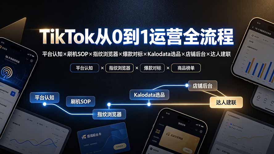 TikTok从0到1运营全流程:平台认知×刷机SOP×指纹浏览器×爆款对标×Kalodata选品×店铺后台×达人建联