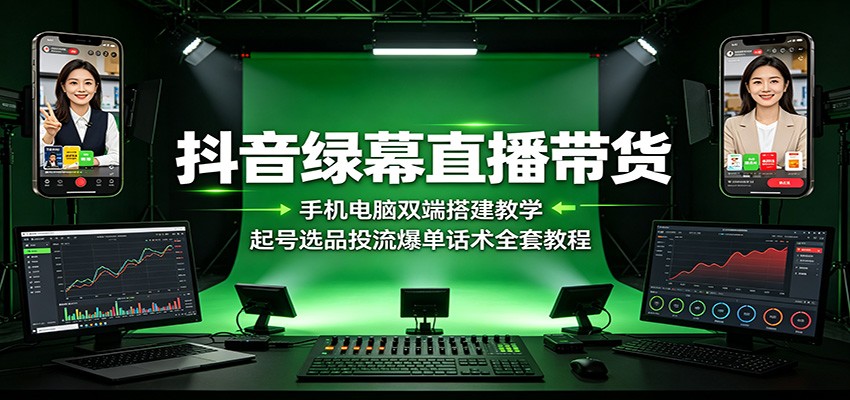 抖音绿幕直播带货：手机电脑双端搭建教学，起号选品投流爆单话术全套教程-创业信息网