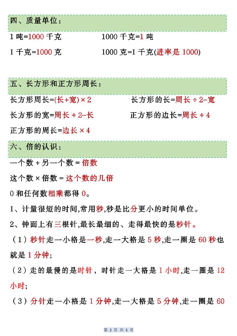 人教版二升三数学暑假预习必背公式归纳-三上数学