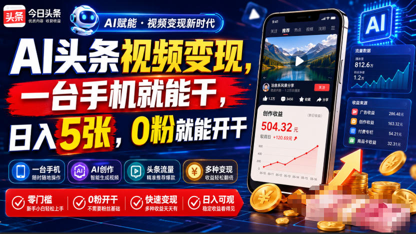 AI头条视频变现，一台手机就能干，日入5张，0粉就能开干-创业信息网