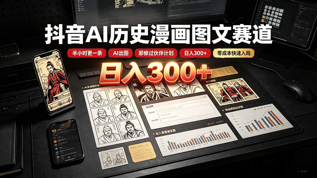 抖音AI历史漫画图文赛道：半小时更一条×AI出图×邪修过伙伴计划×日入300+，零成本快速入局-创业信息网
