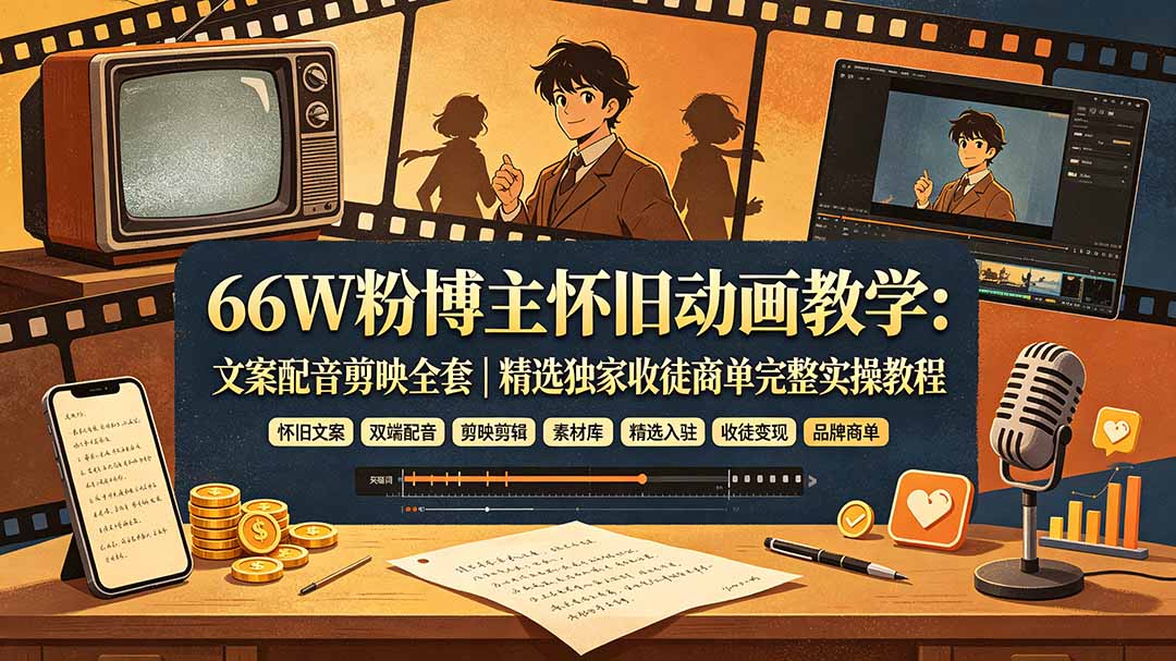 66W粉博主怀旧动画教学:文案配音剪映全套|精选独家收徒商单完整实操教程-创业信息网