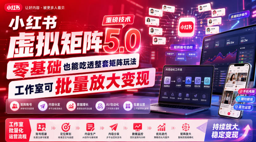 小红书虚拟矩阵5.0重磅技术，零基础也能吃透整套矩阵玩法，工作室可批量放大变现-创业信息网