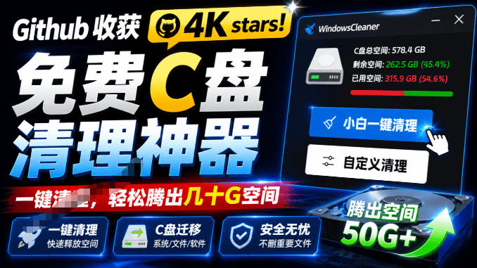 Github收获4K stars！免费C盘清理神器，轻松腾出几十G空间，支持C盘迁移Windows Cleaner-创业信息网