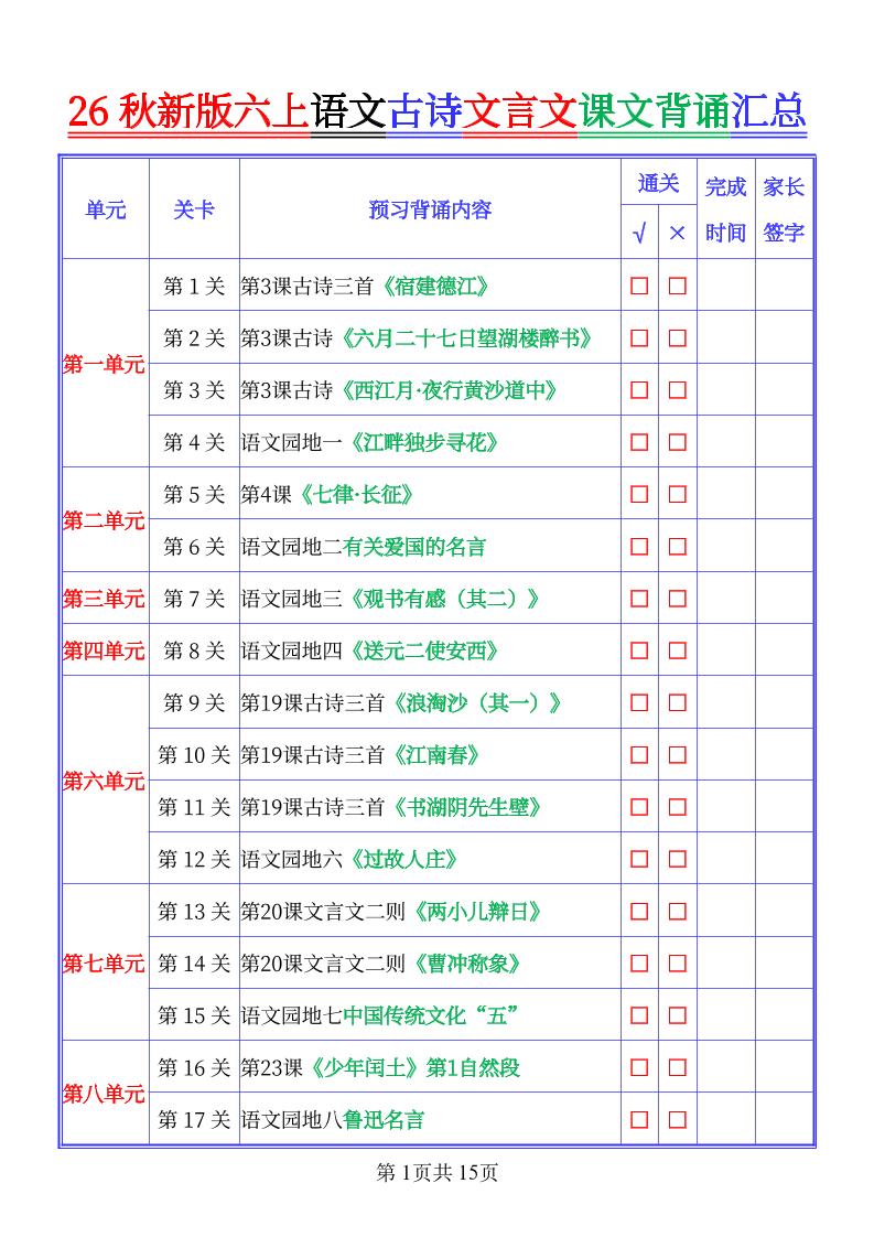 26秋新六上语文古文文言文课文背诵内容汇总-背诵版-创业信息网