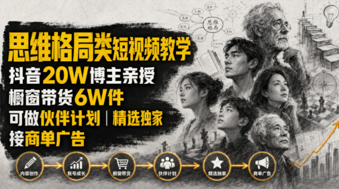 人性思维格局类短视频教学，抖音20W博主亲授，橱窗带货6W件，可做伙伴计划、精选独家、接商单广告-创业信息网