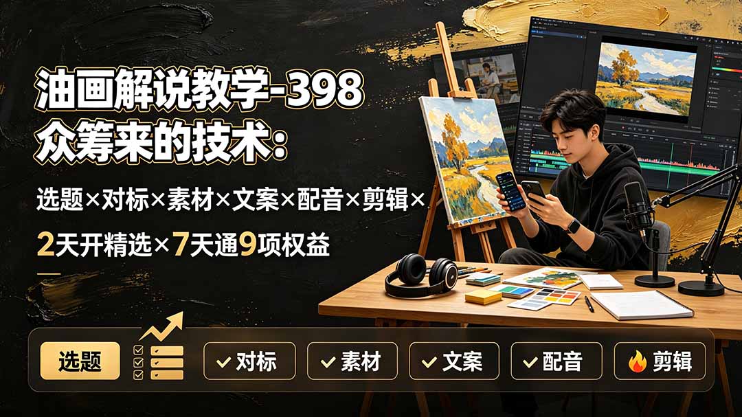油画解说教学-398众筹来的技术:选题×对标×素材×文案×配音×剪辑×2天开精选×7天通9项权益-创业信息网