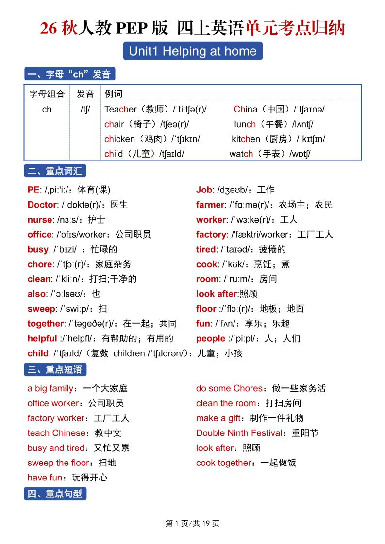 26秋人教PEP版四上英语单元考点归纳19页-创业信息网