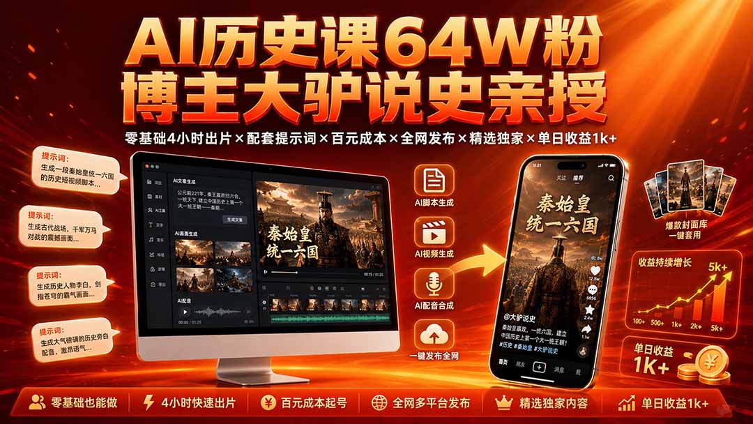 AI历史课64W粉博主大驴说史亲授:零基础4小时出片×配套提示词×百元成本×全网发布×精选独家×单日收益1k+-创业信息网