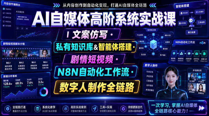 AI自媒体高阶系统实战课|文案仿写・私有知识库&智能体搭建・剧情短视频・N8N自动化工作流・数字人制作全链路-创业信息网