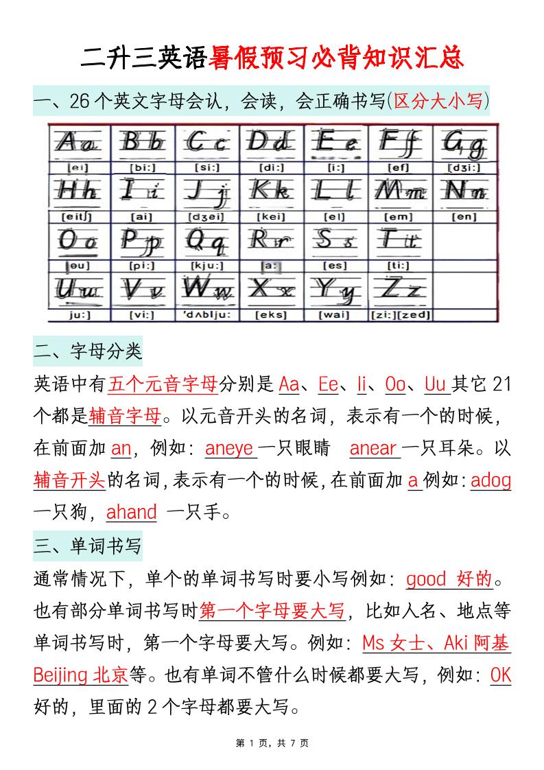 二升三英语暑假预习必背知识汇总通用版-三上英语-创业信息网