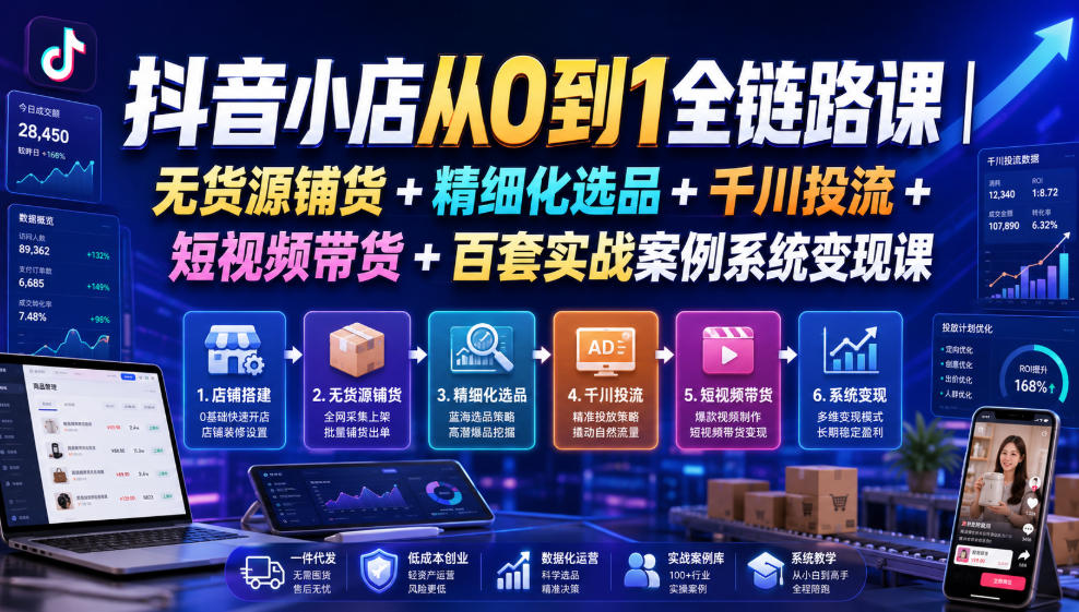 抖音小店从0到1全链路课|无货源铺货+精细化选品+千川投流+短视频带货+百套实战案例系统变现课(2026年7月更新)-创业信息网