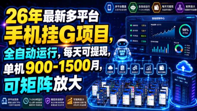 26年最新多平台手机挂G项目，全自动运行，每天可提现，单机900-1500月，可矩阵放大【揭秘】-创业信息网